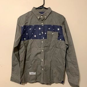 Shirt Mens Shirt Flannel Long Sleeve Stars Size L Grey Blue